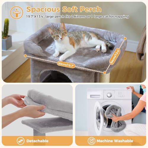 PAWZ Road Cat Tree for Indoor Cats, 26 Inches Cat Tower with Large Perch, Private Condo, Small Cat Condo with Spring Ball & 2 Scratching Posts for Cats-Gray