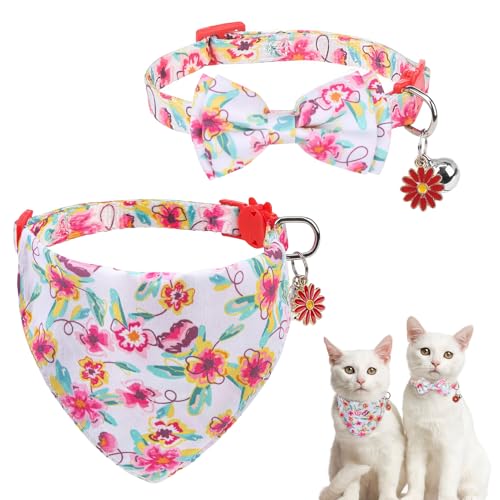 SCENEREAL Spring Cat Collar Breakaway with Bells, 2 Pack Cute Flower Pet Collar with Removable Bow Tie and Bandana, Adjustable Safety Buckle with Daisy Pendants for Girl Cats Kitten - color: Bandanas & Bow (Floral-White)