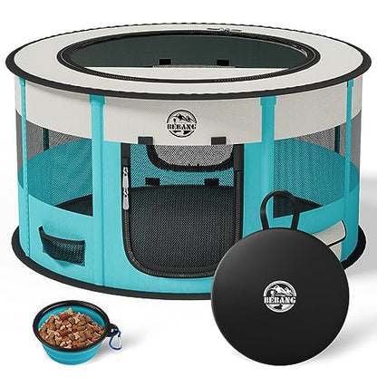 Dog Playpen Puppy Play Pen Indoors Pet Crate Small Dog Cage Portable Foldable Cat Kennel for Kitten Hamster Rabbit Bunny Guinea Pig with Collapsible Food Bowl Carrying Case - color: Cyan, style: S