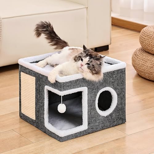 LUMIXA Large Cat Bed House & Hideaway - Warm Fluffy Indoor Cat Cave with Removable Washable Cushion, Non-Slip Bottom, Scratch Pad & Toy Ball for Big Cats/Kittens, Foldable Cat Condo (Grey) - color: grey