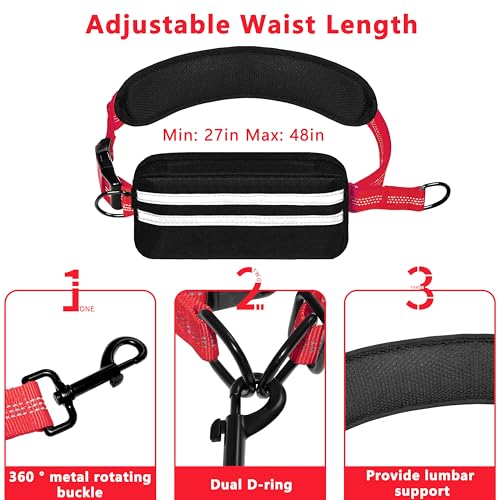 Hands Free Dog Leash with Zipper Pouch, Running Waist Leash for Dog Walking, Adjustable Waist Belt for Large Dogs, Reflective Bungee Design with Two Handle for Hiking, Training, Red - color: Red