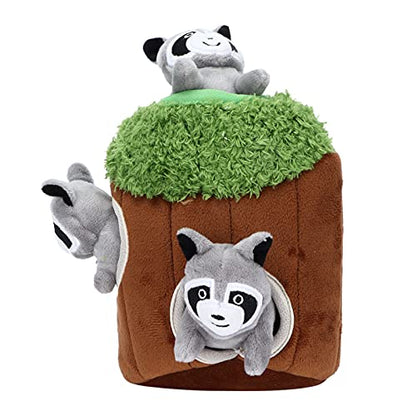 Raccoon in Tree Hide and Seek Dog Toy, Hide a Raccoon Plush Dog Toy Puzzle with Squeaker for Small and Medium Size Dogs