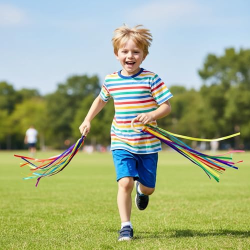 Sumind 6 Pcs Rainbow Ribbon Hand Kites Wands for Kids Dancer Streamer String Toy Thrown Waldorf Wand with Wooden Ring Wand Learning Educational(Vivid Colors) - style: Vivid Colors