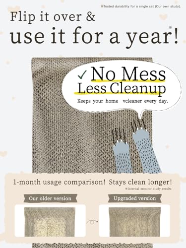 NyankonoYado No Mess & 1-Year Durable Cat Scratcher, Cardboard Scratch pad Bed Vet-Approved, Extra-Wide Reversible Cardboard, High Durability & Low Debris, for Large or Overweight Cats, Indoor