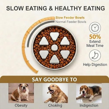 Kactoily Stainless Steel Slow Feeder Dog Bowl, 2.5-3 Cup Heavy Duty 304 Food-Grade Metal Maze Bowl, Non-Slip Base Slow Eating Feed Dish for Medium & Large Dogs
