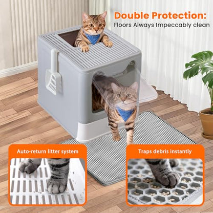 Stainless Steel Litter Box with Lid and Pull-Out Drawers, XL Metal Litter Box Top Entry for Big Cats, Leak-Proof Baffles for Easier Cleaning, with Litter Mat & Scoop - size: top entry