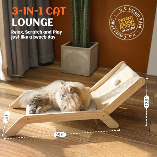 PETKARAY Beach Chair Cat Hammock, Elevated Cat Beds for Indoor Cats, Original Cozy Lounger with Sisal Scratcher and Toy Ball - color: White Plush