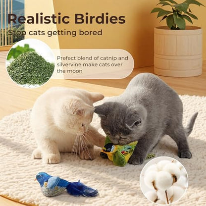 2-pack catnip cat toys that stimulate indoor cats' natural hunting instincts,Interactive plush bird toy with realistic chirping sounds to tease your cat (Brown artificial bird + green artificial bird) - color: Brown artificial bird + green artificial bird