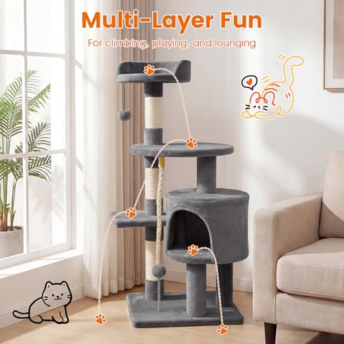 PETSITE 36-inch Multi-Level Cat Tree, with Sisal Scratching Posts, Comfy Top Perch, Cozy Condo, Playful Sisal Rope and Spring Ball, and Dangling Ball, Ideal for Indoor Cats and Kittens (Grey) - color: Grey