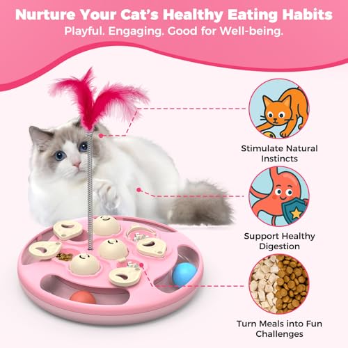 3 in 1 Cat Treat Puzzle Feeder, Level 3 Interactive Cat Puzzle Toy with Track Balls, Feather Teaser & Slow Feeder Insert, Non-Slip Base, Mental Stimulation for Bored Indoor Cats, Pink - color: Pink