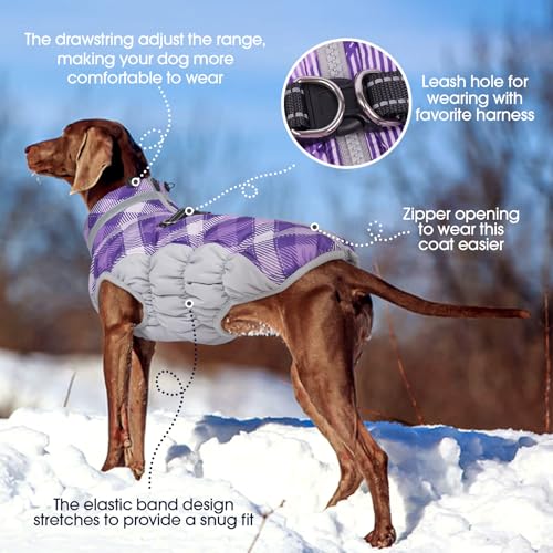FUAMEY Dog Coat for Small Dogs,Waterproof Dog Winter Jacket with Harness Built in Puppy Cold Weather Coats Reflective Pet Vest with Zipper Warm Fleece Dogs Snowsuit Windproof Purple Plaid XS - color: Purple Plaid, size: XS(chest:14in)