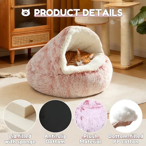 SUOXU Anti-Anxiety Cat Bed, Plush Hooded Cave, 20 in Diameter, Suitable for Small to Medium Pets, Pink - color: Pink