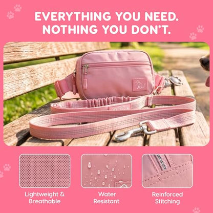 Hands Free Dog Leash with Zipper Storage Pouch - Waist Belt Bungee Running, Walking & Hiking Leash - Padded Handle - Seat Belt Attachment - Reflective No Pull Control for Medium Large Dogs 10-120 lbs - color: Queens Pink