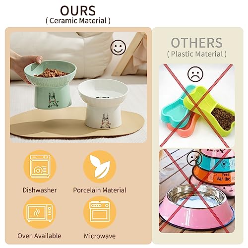 6.5 Inch Extra Wide Elevated Cat Bowls, Ceramic Raised Tilted Cat Bowl for Food and Water, Porcelain Pet Feeder Dishes for Cats & Dogs, Whisker Fatigue, White & Green - color: White & Green