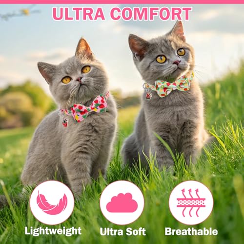 Cat Collar with Bell Bow Tie Fruit Breakaway Bowtie Cat Collar for Spring Summer, Adjustable Safety Kitten Collars with Removable Bowtie & Charm for Boys Girls Male Female Cats - color: Fruit Pink + Green