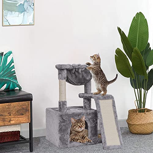 SYANDLVY Cat Tree for Indoor Cats Large Adult, Modern Activity Tower with Scratching Posts & Board, Condo with Plush Perch, Climbing Stand with Cradle & Hanging Ball for Play, Light Grey - color: Light Grey