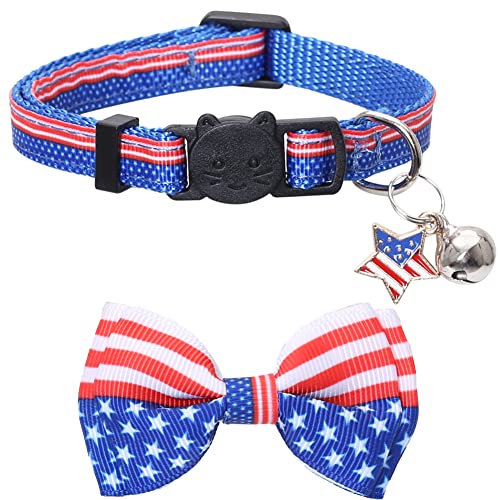 American Flag Cat Collar with Bell Bow Tie Star Breakaway Adjustable for 4th of July Independence Day - color: 2PCS-1