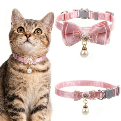 Xinjoduz 2 Pack Pink Cotton Cat Collars for Girl Cats, Cute Pearl Bow Kitten Collar Breakaway Safety Buckle Cats Pet Collars Adjustable from 7.9 to 11.8 Inches