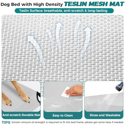 Windproof Elevated Dog Bed with Canopy & Stakes, 3-Sided 90% UV Block, Chew-Proof Teslin Mesh Mat for Large Dogs up to 150lbs(Grey Large) - color: Grey, size: Large