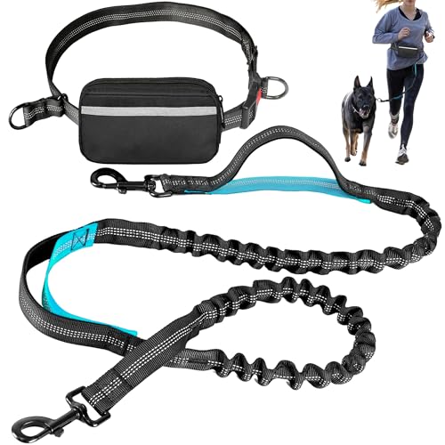 Hands Free Dog Leash with Waist Belt – No-Pull Bungee, Dual Padded Handles & Zipper Pouch for Running, Walking & Training – Adjustable Waist Leash for Large & Medium Dogs (Black) - color: Black