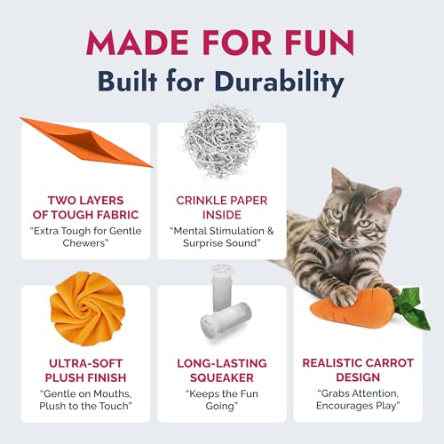 PETLOU 8 Inch Carrot Plush Dog Toy for Soft Chewers – Durable Squeaky & Crinkle, Anti Boredom Chew Toy for Dogs, Cute Soft Stuffed Calming Indoor Pet Toy for All Dog Breeds