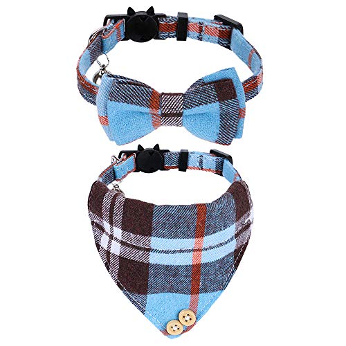 Faleela Breakaway Cat Collar with Bells - 2 Pack Cat Collar with Bells, Cat Collars with Bandana, Accessories for Pet Collars, Adjustable for Cats and Small Dogs - color: Blue bow+bandana