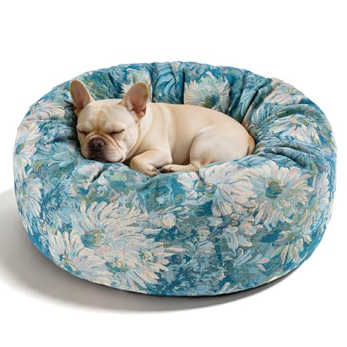 Dog Calming Beds for Small Medium Large Dogs - Round Donut Washable Puppy Dog Bed, Anti-Slip Faux Fur Fluffy Donut Cuddle Anxiety Cat Pet Bed (28" Flower) - color: Flower, size: 28"L x 28"W x 8"Th