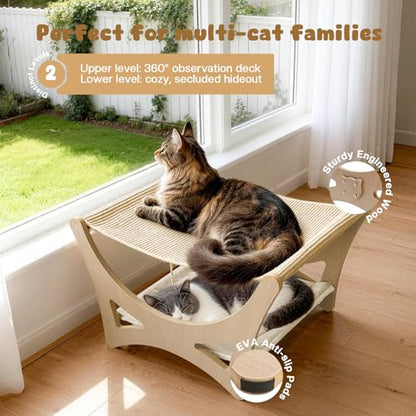 Double-Layer Cat Hammock Bed, Wooden Elevated Cat Beds with Natural Sisal Scratching Mat, Cats Scratcher Bed with Removable Soft Cushion, Cats Scratching Beds with Wood Frames - color: Narual Wood (Double Layers)