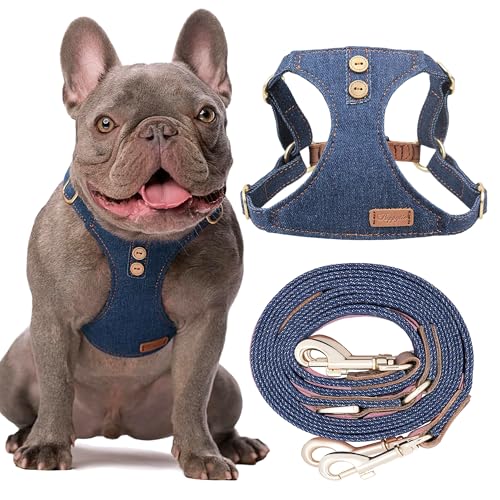 No Pull xs Dog Harness with Multifunction Dog Leash,Soft Adjustable No Choke Escape Proof Pet Harness Vest,Denim Blue,XXS - color: Button-Denim Blue, size: XXS