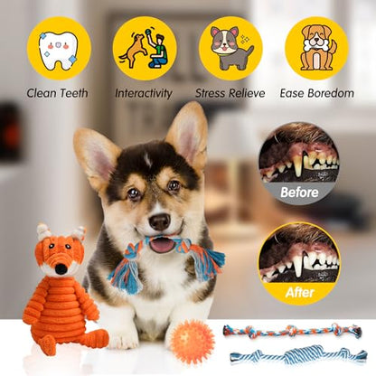 Zeaxuie 14 Pack Puppy Toys for Teething Small Dogs, Puppy Chew Toys with Cute Squeaky Dog Toys, Ball and More Rope Dog Chew Toys - color: 14 Pack (Stuffing-Fox)