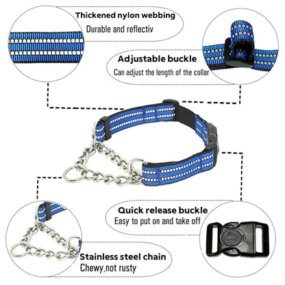 Martingale Dog Collars, Reflective Nylon Collar with Stainless Steel Chain, Adjustable Walking Training Dog Collars with Quick Release Buckle, Suitable for Small Medium Large Dogs(Blue,S) - color: Blue, size: Small-(dog's neck 10~13.5inches)