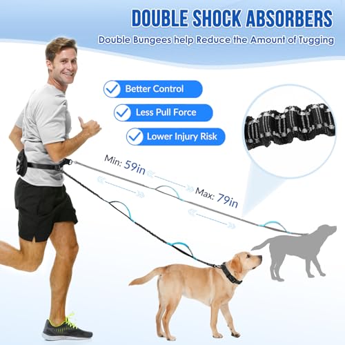 AUTOWT Hands Free Dog Leash for 2 Dogs, Adjustable Waist Belt with Zipper Pouch, Dual Handle Retractable Elastic Bungee with Reflective Stitches for Medium and Large Dogs Training Running - size: Large