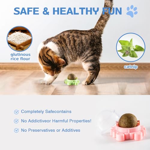 4 Packs Catnip Ball for Cats, Lickable Cat Toys Wall Mount with 360° Rolling & Spinning, Organic Cat Nip Chew Toys for Teeth Cleaning, Mint Magic Catnip Ball Toy for Indoor Cats