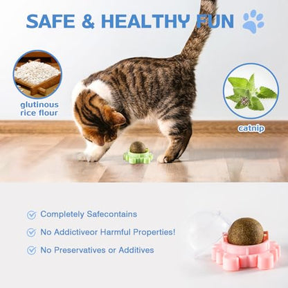 4 Packs Catnip Ball for Cats, Lickable Cat Toys Wall Mount with 360° Rolling & Spinning, Organic Cat Nip Chew Toys for Teeth Cleaning, Mint Magic Catnip Ball Toy for Indoor Cats