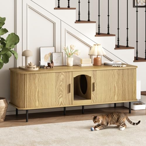 Double Cat Litter Box Enclosure Furniture, 59" Large Hidden Litter Box Furniture with Scratching Pad, Wood Pet House for 2 Cats, Indoor Modern Cabinet TV Stand for Living Room, Natural - color: Natural, size: 59"