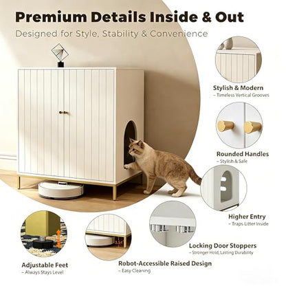 31.5" Tall Hidden Cat Litter Box Furniture with Storage Cabinet, Cat Litter Box Enclosure End Table with Ventilated Back Panel, Modern Cat Washroom Cabinet for Living Room or Bedroom, White