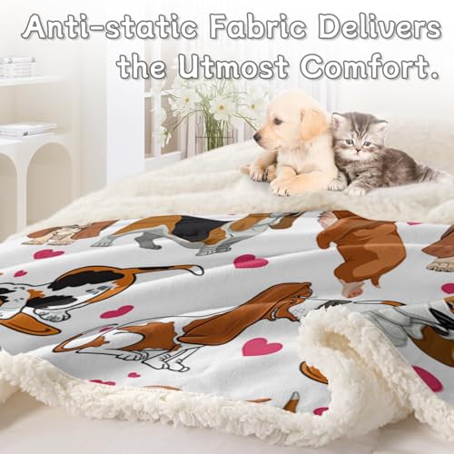 BlessLiving Basset Hound Blanket Queen Size 90x90 Inches - 3D Red Hearts Dog Print Plush & Sherpa Throw, Ultra Soft Cozy Fleece Blanket for Adults, Kids, Pet Lovers, Cute Puppy Gift - color: Basset Hound, size: Queen, 90 x 90 Inches