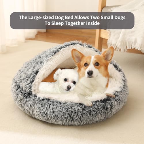 Dog Bed Round Hooded Plush Cat Cave Self Warming Pet Bed Donut Anti Anxiety Fluffy Pet Bed for Puppy and Kitty - color: Gradient Dark grey, size: Large 27.5''