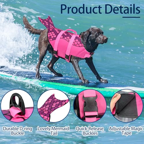 Mermaid Dog Life Jacket, Pink Ripstop Dog Life Vest for Swimming & Boating, High Buoyancy Adjustable Pet Vest with Durable Rescue Handle & D-Ring, for Small/Medium/Large Dogs (Mermaid, M) - size: Medium