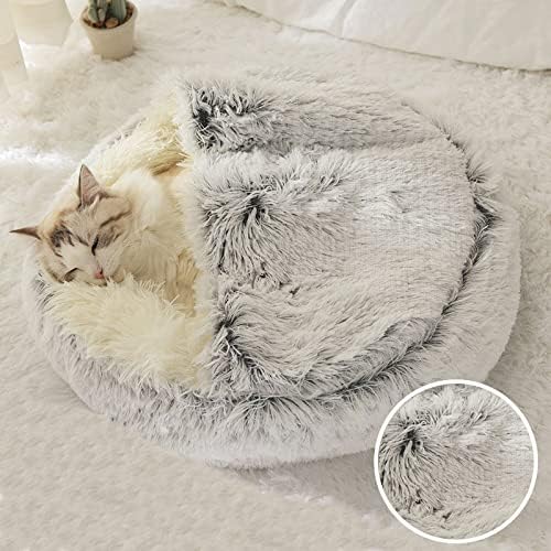 Cat Bed Round Fluffy Hooded Cat Bed Cave, Anti-Anxiety Cave Bed with Hooded Blanket, Cozy Cuddler Luxury Puppy Pet Bed, Anti-Slip Bottom and Machine Washable - color: Gray, size: Medium