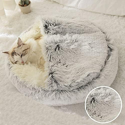 Cat Bed Round Fluffy Hooded Cat Bed Cave, Anti-Anxiety Cave Bed with Hooded Blanket, Cozy Cuddler Luxury Puppy Pet Bed, Anti-Slip Bottom and Machine Washable - color: Gray, size: Medium