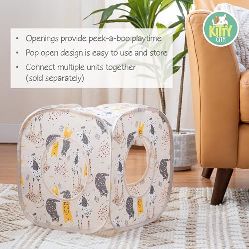 Kitty City Light Pink Cat-Themed Cat Play Furniture Set, Collapsible Pop-Up Cat Toys Combo with Cube, Tunnel & House, Indoor Cat Playground for Play, Hiding & Lounging - color: J) Cat Print Play Combo (Pink)