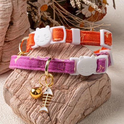 2 Pack Cotton Breakaway Cat Collar Orange and Purple Fish Pendant Cute Kitten Cat Collar with Bell - color: Orange&Purple