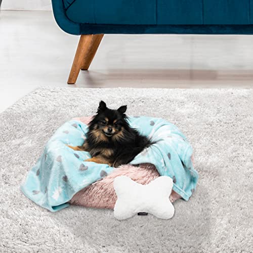 Juicy Couture Turquoise Blue Dog Blanket with Sherpa Bone Shaped Pillow - Plush Puppy Throw, Breathable, Lightweight, Machine Washable, Cat Blanket for Small, Medium & Large Pets - color: Turquoise Blue Scottie Hearts