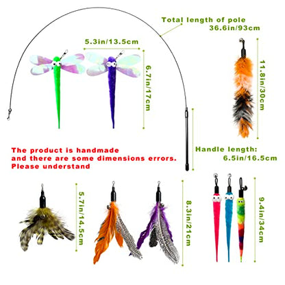 Cat Toy Wand with Pole, 9PCS Feather Refills Interactive Fishing Pole Teaser Rod Toy for Indoor Cats Kittens (9Pcs B) - color: 9Pcs B