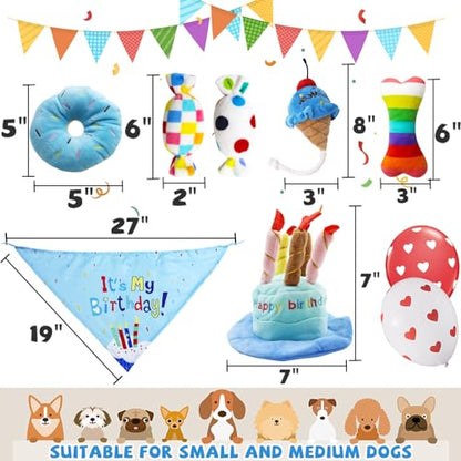 lilfrd Dog Birthday Toy Set, 9Pcs Plush Pet Toy for Small Dogs, Includes Squeaky Cake Hat, Bandana, Dessert Themed Toys, Balloons, for Dog Birthday Party - style: Blue Birthday Pack