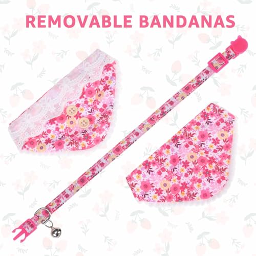 SCENEREAL Breakaway Cat Collar with Bandana Bell, Adjustable Pink Cat Collar for Girl Cats, Spring Summer Cute Kitten Collars - color: Pink Flower