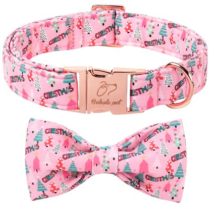 Christmas Dog Collar with Bow Tie - Cute Pink Tree Pattern Christmas Puppy Collar, Adjustable Metal Buckle Winter Bowtie Dog Collars for Small Medium Large Dogs XS - color: B-Pink Christmas Tree, size: XS