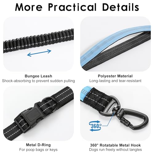 Hands Free Dog Leash, 8.2 FT Waist Leash for Walking, Jogging, Hiking, Adjustable Crossbody Belt with Double Padded Handles, Bungee Car Seatbelt Design for Medium Large Dogs, Black + Blue