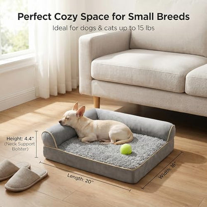 Orthopedic Small Dog Bed for Small Dogs 20 x 16Inch, L Shaped Memory Foam Puppy Pet Bed with Sides, Washable Dog Couch Sofa with Removable Velvet Cover & Non-Slip Bottom, Gray - size: 19.7" L x 15.8" W x 4.4" H--With sides